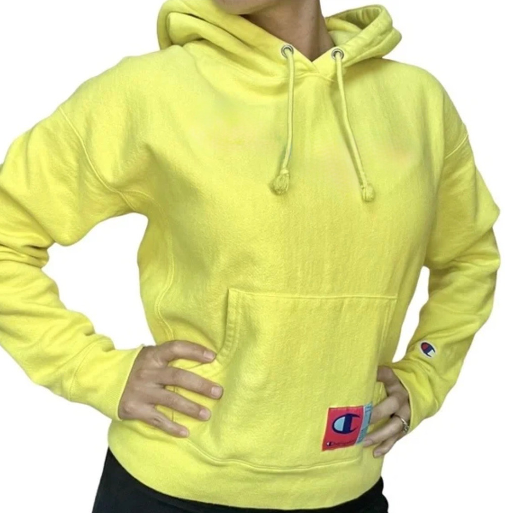 NEW CHAMPION REVERSE WEAVE YELLOW BOX LOGO HOODIE HOODED SWEATSHIRT XS WOMENS